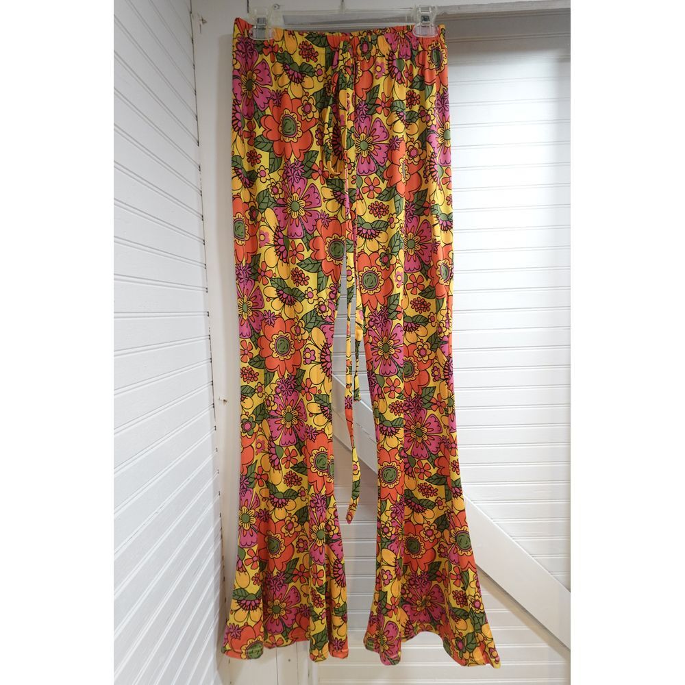 SPIRIT Vibrant Floral Flare Yellow Orange Pink bellbottom Pants retro SIZE LARGE